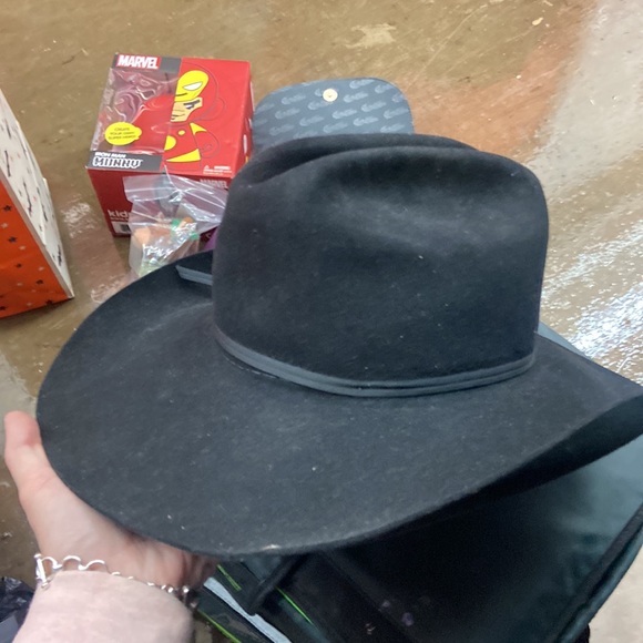 VINTAGE JOHN B. STETSON COMPANY BLACK LEATHER AND SUEDE SZ 56/7 COWBODY HAT - Picture 3 of 7